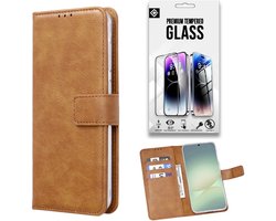 Casemania Hoesje + Glas Geschikt voor Oppo A5 5G / A5M - Bruin - Portemonnee Book Case met Pasjeshouder - Wallet Telefoonhoesje met 1x Tempered Glazen Screenprotector