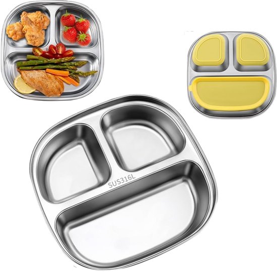 1 pièce - Assiette pour enfant en acier inoxydable, assiette divisée, avec ventouse, avec 3 compartiments, lavable au lave-vaisselle 19,6X19,6cm (argent)
