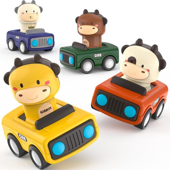 Kraftverdia® - Speelgoed auto - Vanaf 1 jaar jongens en meisjes - 4 stuks auto speelgoed baby dierenraceauto - Press-and-go speelgoedvoertuigenset voor peuters 10-12-18 maanden - cadeau voor kinderen van 1 2 3 jaar