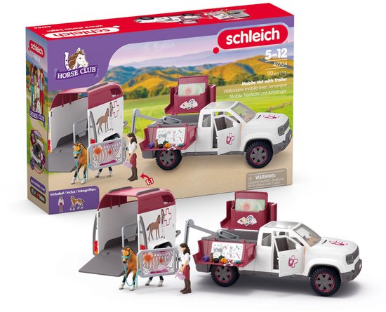 Verpakking van Schleich mobiele dierenarts met aanhanger speelgoedset, met afbeelding van de set.