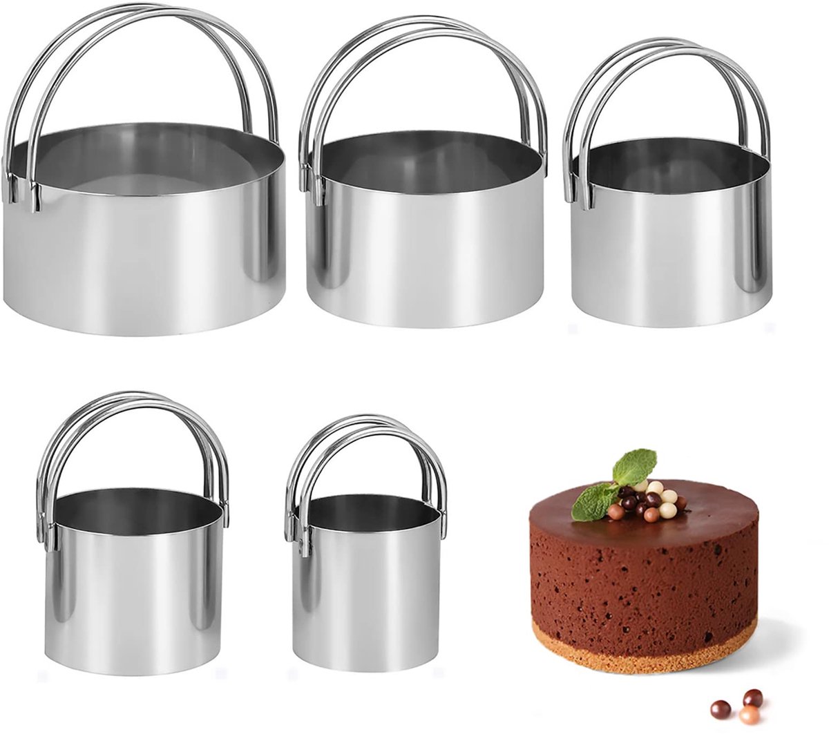 Ronde koekjesvormpjes 5 stuks ronde koekjesvormpjes van roestvrij staal, koekjesvormpjes met stevig handvat voor het bakken van brood, cake, donuts en gebak.