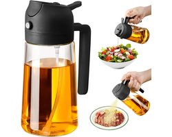 Olieverstuiver en -dispenser 2 in 1 - Olijfoliedispenser en -schenker voor keuken, airfryer, salade, barbecue - Zwart - 470 ml