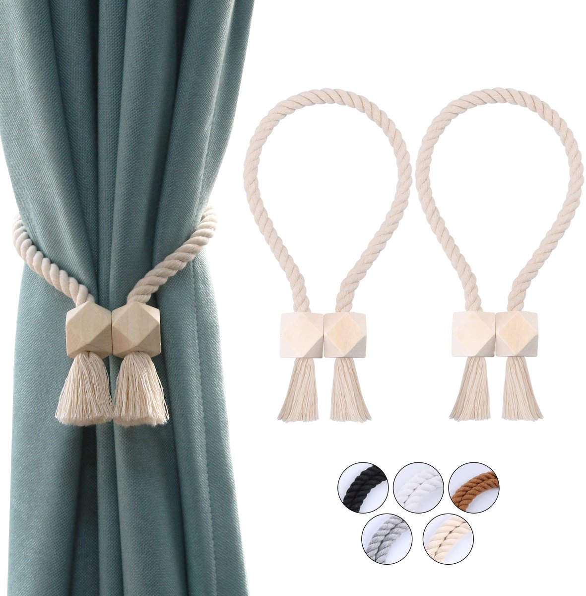 Ibenzoa® Set van 2 magnetische handgeweven gordijnbinders met houten kralen en kwasten, beige