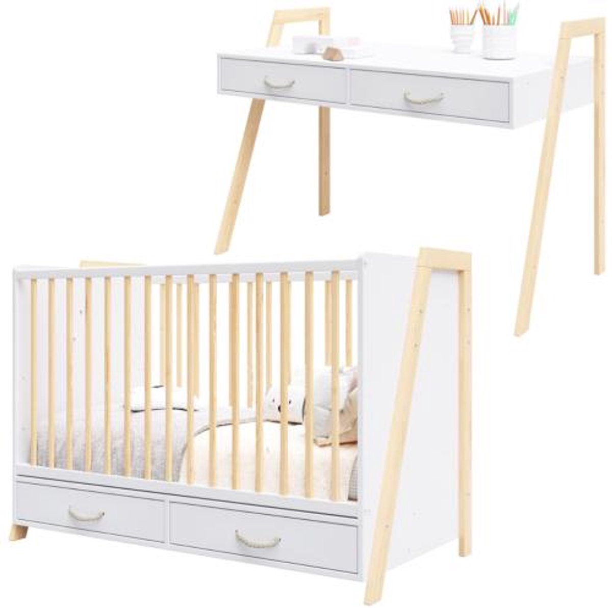 Need Sleep - Babybed 2in1 met Verstelbare Bodem en Lade - Ledikant 120x60 - Ombouwbaar tot Bureau - Wit/Naturel