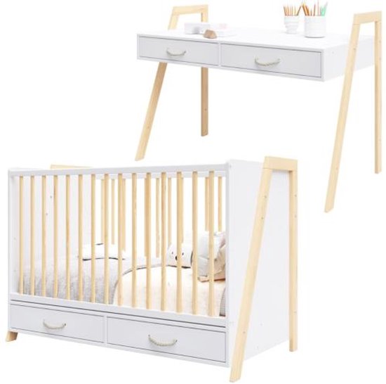 Need Sleep - Babybed 2in1 met Verstelbare Bodem en Lade - Ledikant 120x60 - Ombouwbaar tot Bureau - Wit/Naturel