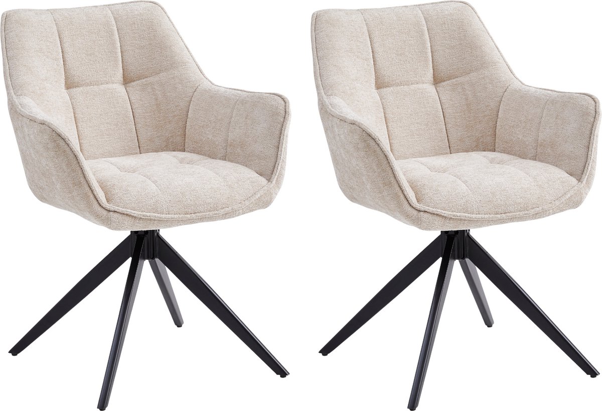 Colenis® - Boston Eetkamerstoel - Set van 2 - Beige - Chenille Stof - Gestoffeerde zitting - Metalen poten - 180° - Draaistoel