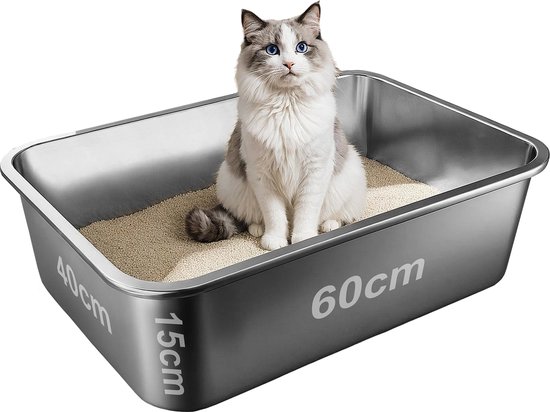 Kattenbak RVS XXL – Gemakkelijk schoon te maken – Geurvrij, Lekvrij en Vlekvrij – 60x40x15cm – Roestvrijstalen Kattentoilet – Grote Kattenbak voor Katten en Konijnen