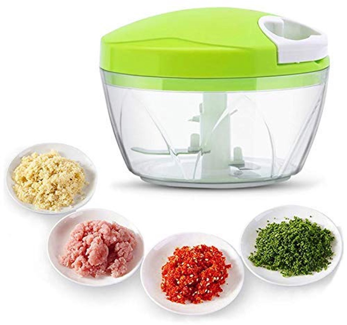 BORVAT® - Groentesnijder met Trekkoord – 500ml – RVS Hakmolen – Second Chopper – Voor Groenten, Fruit & Noten – Handmatige Food Processor - Groen