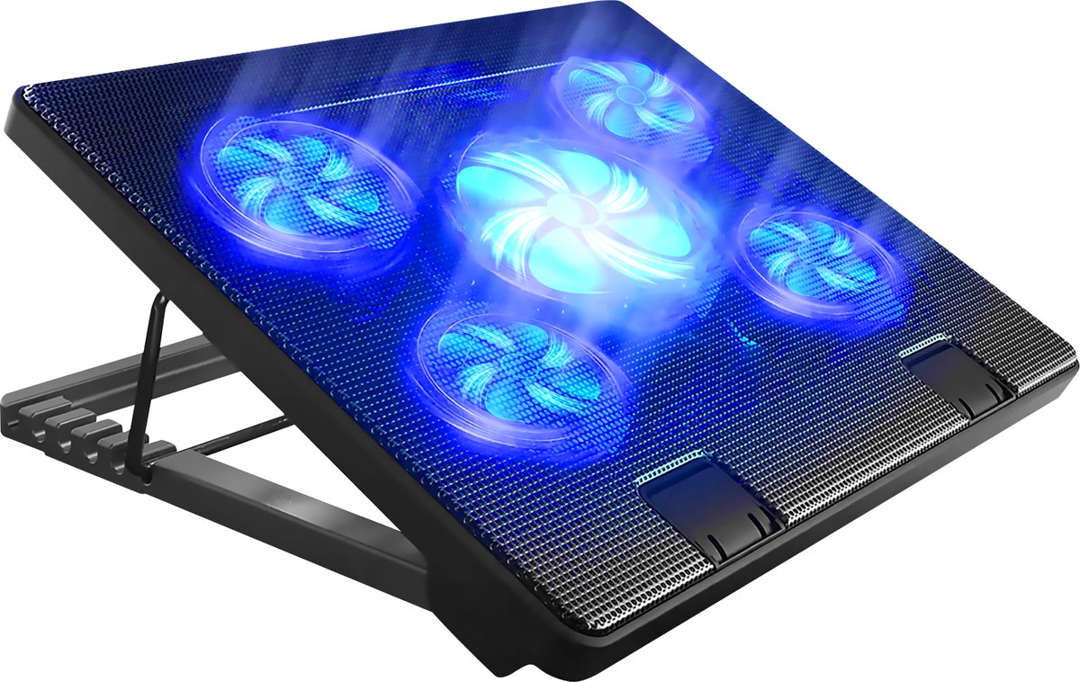 Premium Laptop Cooler en Verstelbare Laptop Verhoger - Laptop Standaard Verstelbaar - Laptop Steun - Rotatiesnelheden tot boven de 2100 RPM - Gaming Laptop Cooling Pad - Tot 17 Inch - Extra USB-poort - Zwart