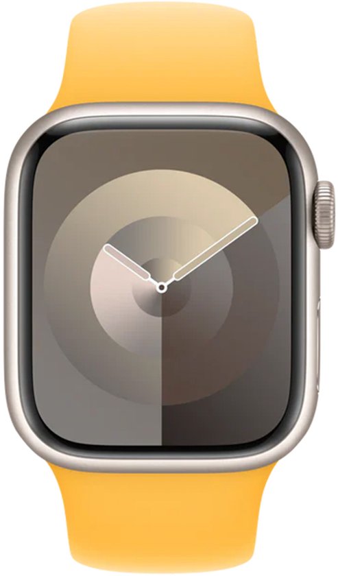 Apple Watch met een rond wijzerplaatdesign in bruin- en grijstinten en een geel sportbandje.