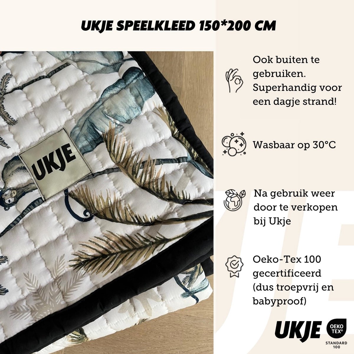 Ukje Speelmat Baby - Speelkleed Baby 150 bij 200 cm - Antislip - Speeltapijt - Met gratis opbergtas - Playmat - Babygym - Opvouwbaar - Oeko-Tex Gecertificeerd - Beige Jungle – foto 7