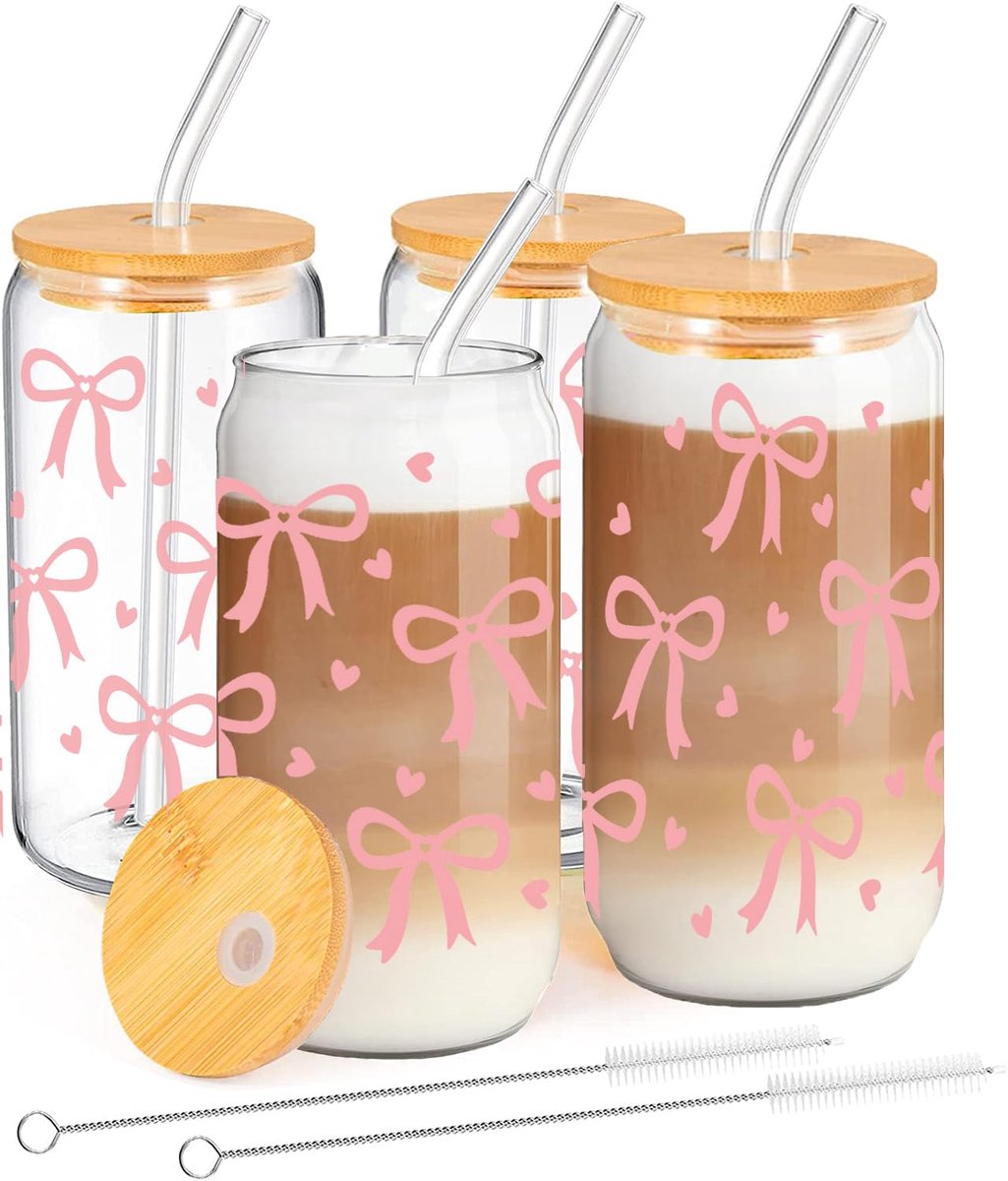 ASERON Drinkglas, glazen beker, geribbeld, 600 ml, deksel en glazen rietje, met bekermouwen, dikwandige, robuuste smoothiebeker, luchtdicht waterdicht ontwerp, cocktailkoffie, alle dranken, groen