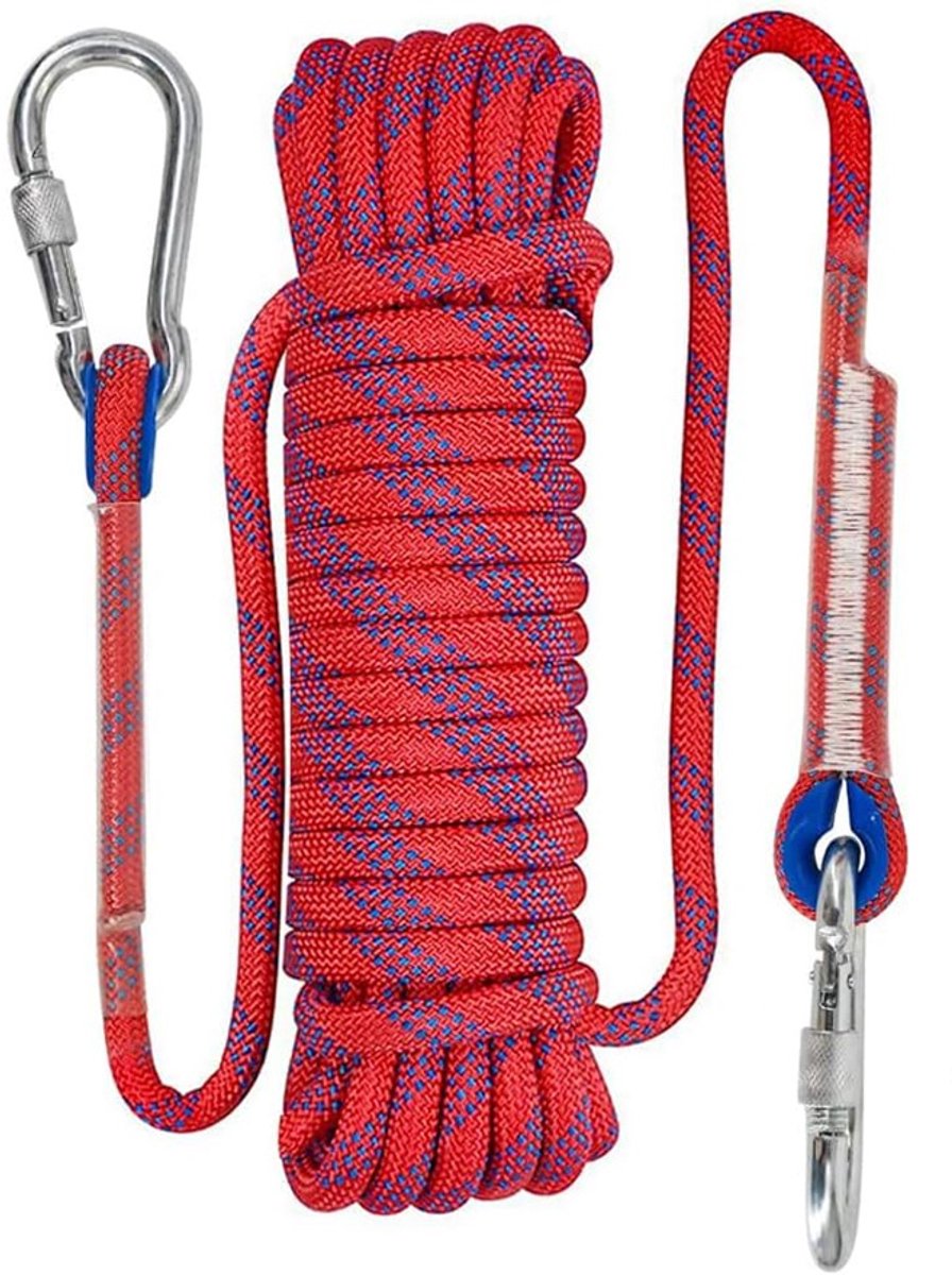 KZQ Klimtouw - 10m touw - Met karabijnhaak - Sterke magneet voor vissen - Klimtouw voor buiten - Ontsnappings- en brandreddingstochten - Abseiltouw op grote hoogte - Klimtouw - 10 mm dik - Rood