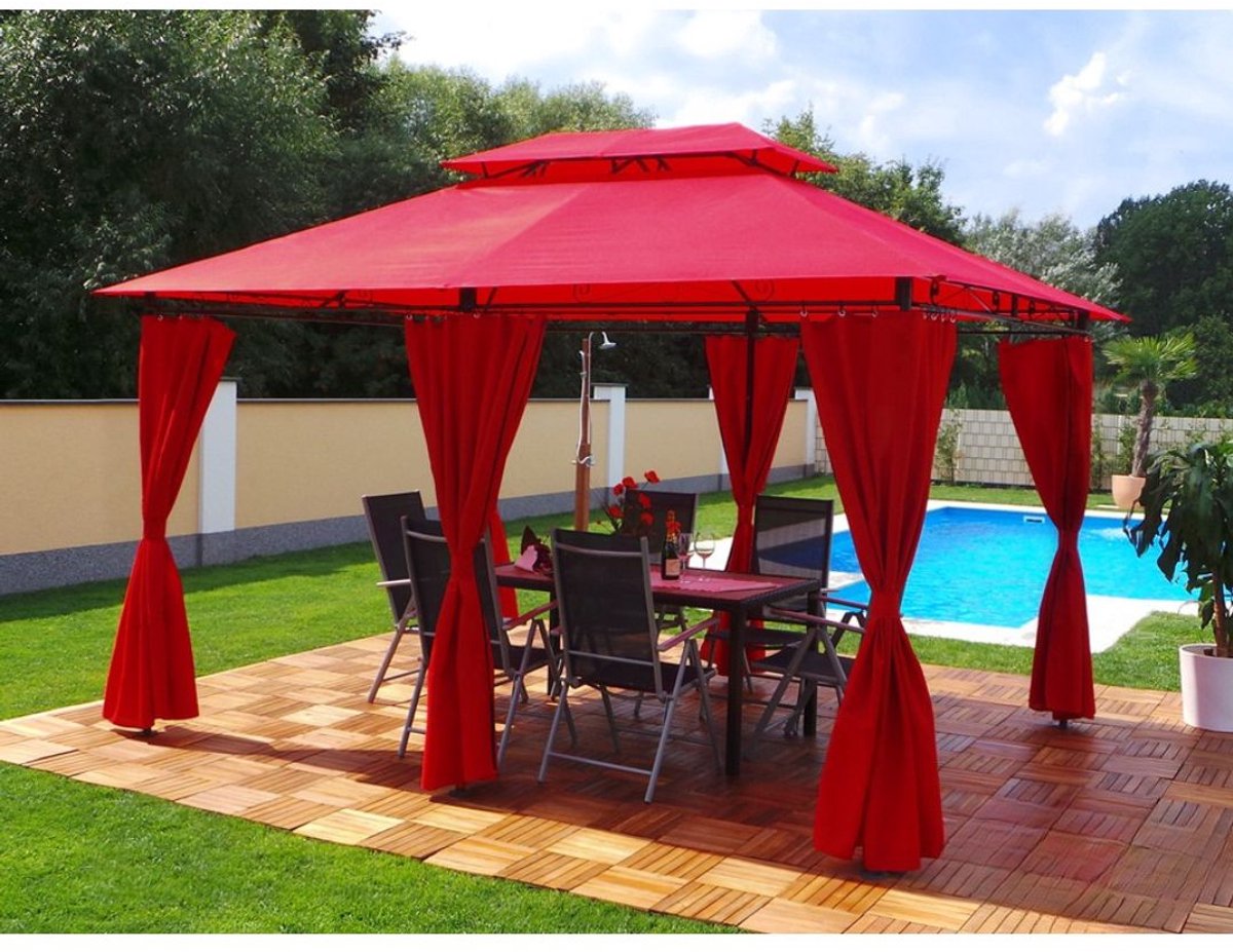 Yolo-deals - Tuin Prieel DeLuxe met LED verlichting - Solar - 3x4M - UV bestendig - Incl zijwanden - Rood