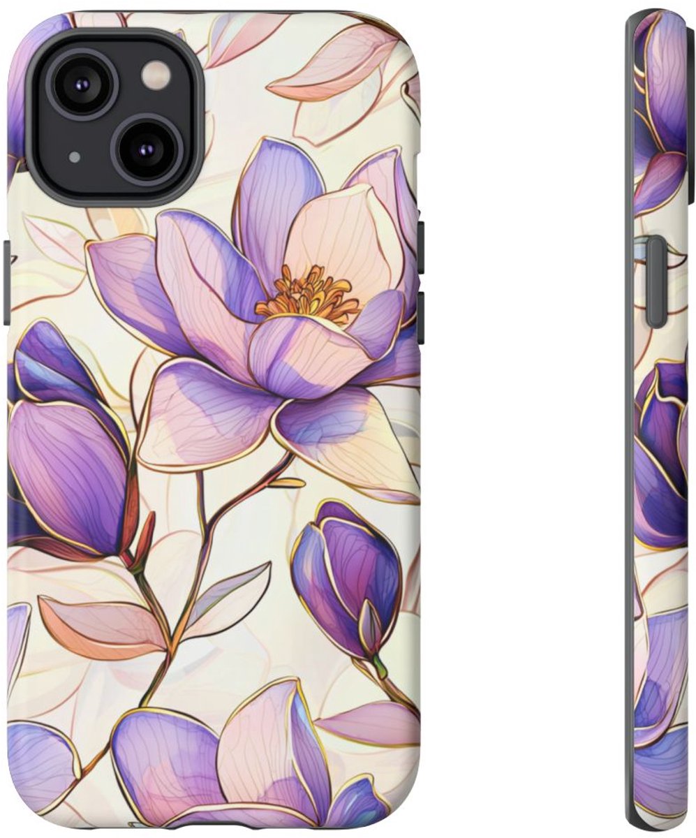 Paarse Magnolia’s in Glas-in-loodpatroon – Telefoonhoesje Geschikt voor iPhone 14 Plus