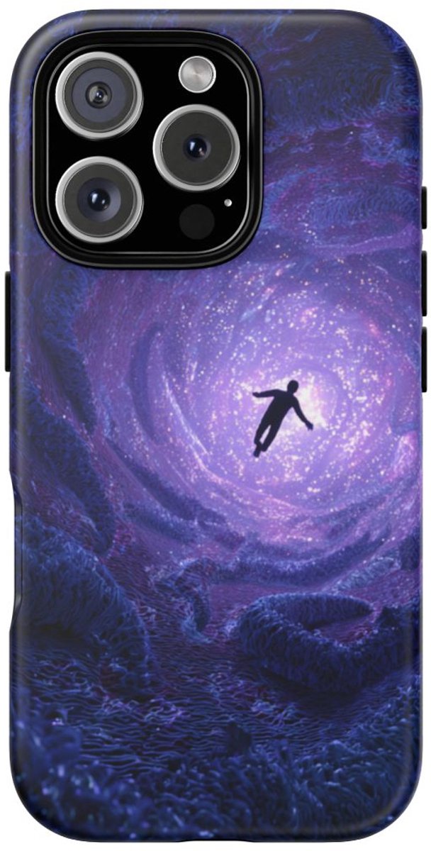 Man Valt Door Kosmische Tunnel met Tentakels – Telefoonhoesje Geschikt voor iPhone 16 Pro