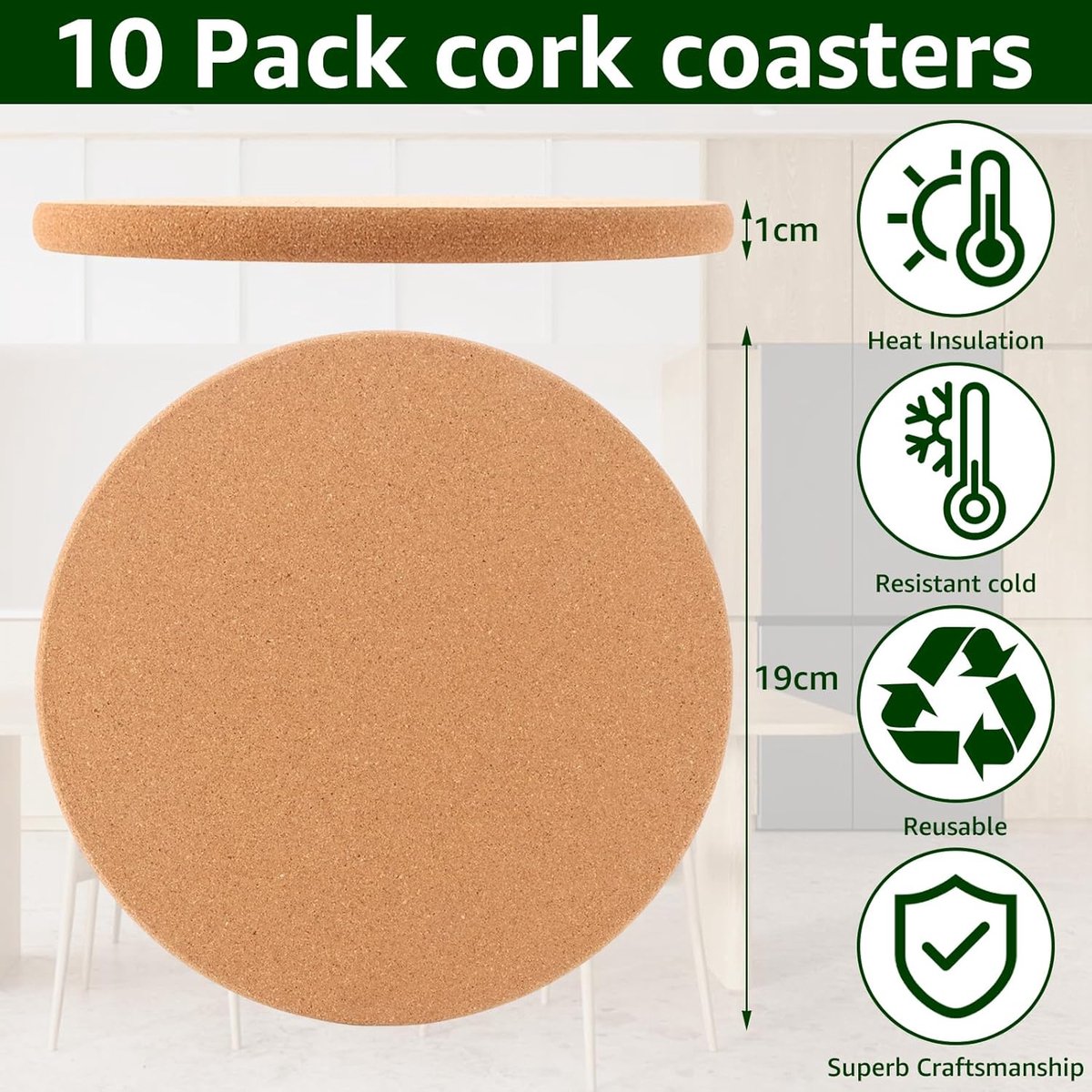 10 Stuks Ronde Onderzetters van Kurk - 19 cm - 1 cm Dik - Antislip - Hittebestendige Onderzetters voor Koffie - Thee - Waterkoker