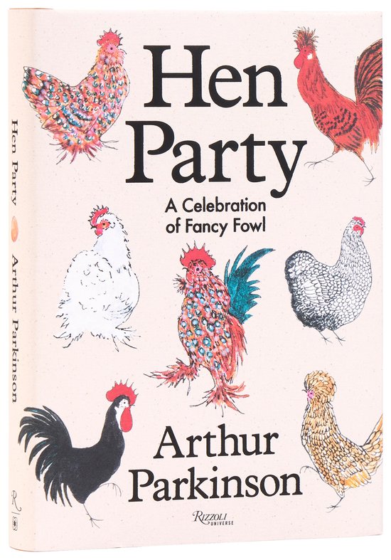 Boek 'Hen Party' met illustraties van verschillende sierkippen in kleurrijke tinten en zwart-wit.
