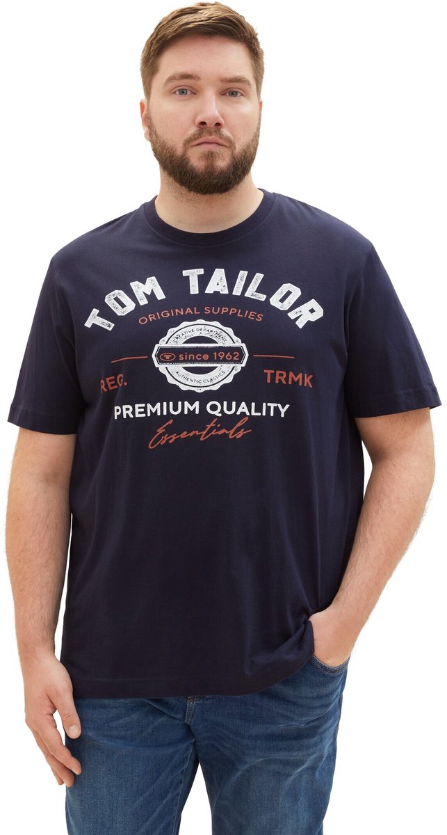 Tom Tailor - Plus Size - T-shirt met logo-print - Maat 5XL - sky captain blue
