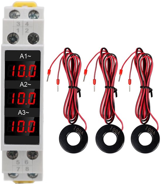 3-fasige DIN-rail ammeter 1–100A met trendweergave display