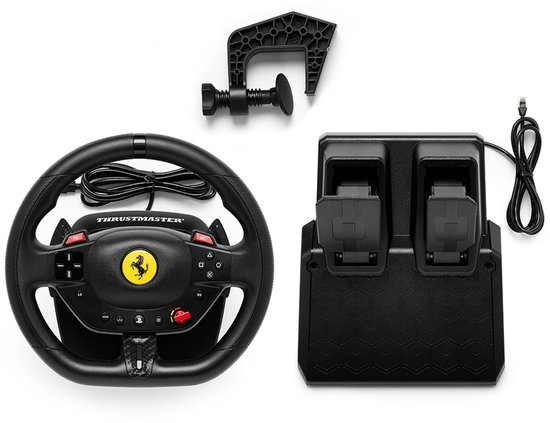 Zwarte race wheel met Ferrari-logo, pedalen en klembevestiging.