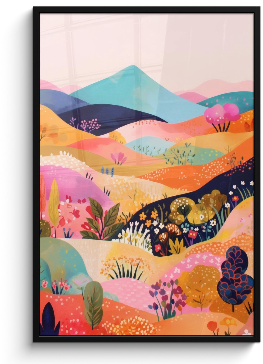 FrameYourWall Poster in lijst - Fotolijst 80x120 cm - Posters - Golvende heuvels - Abstracte planten - Dromerig - Posterlijst zwart - Decoratie - Wanddecoratie woonkamer - Muurdecoratie slaapkamer Heuvels - Kleurrijk