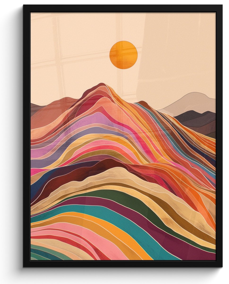 FrameYourWall Poster in lijst - Fotolijst 60x80 cm - Posters - Zon - Kleurrijk landschap - Bergen - Posterlijst zwart - Decoratie - Wanddecoratie woonkamer - Muurdecoratie slaapkamer Zon - Bergen - Kleurrijk