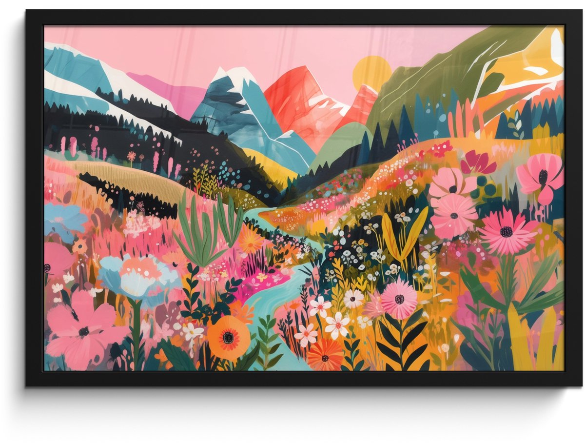 FrameYourWall Poster in lijst - Fotolijst 60x40 cm - Posters - Rivier - Diepte - Bloemen - Posterlijst zwart - Decoratie - Wanddecoratie woonkamer - Muurdecoratie slaapkamer Rivier - Bergen - Kleurrijk