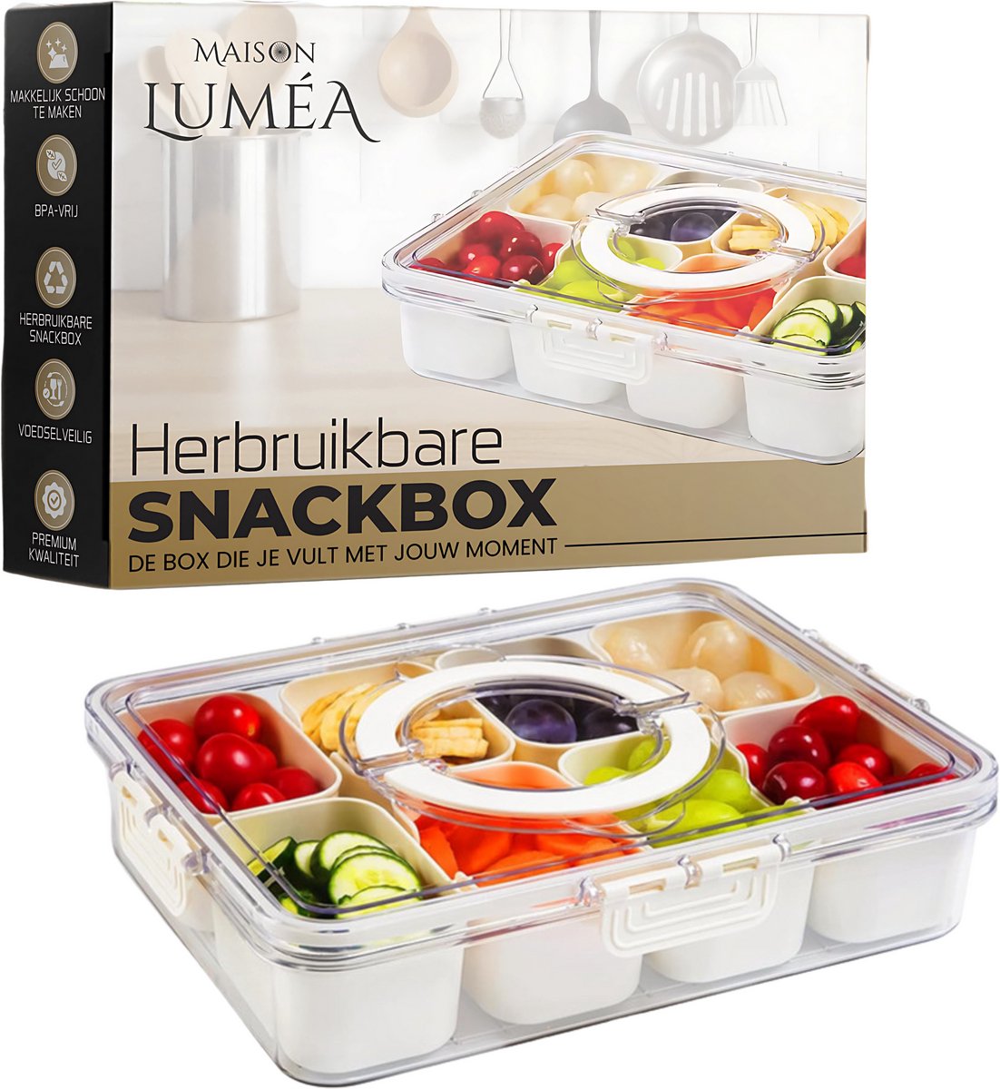 Maison Luméa – Snackbox – 8‑vaks – Met Deksel & Handvat – Voor Snacks, Fruit, Noten & Groenten