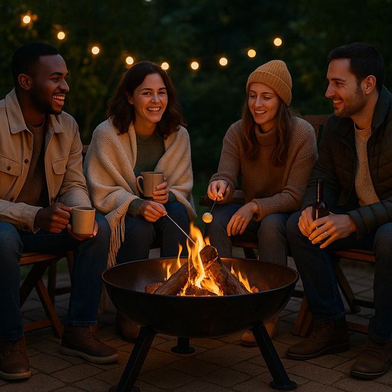 Vier lachende vrienden rond een brandende vuurschaal met geroosterde marshmallows.