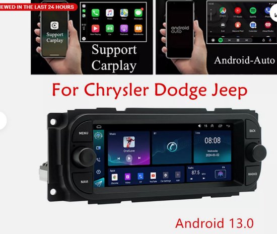 Bluetooth autoradio - Compatibel met GrandCherokee 1998-2004, Sebring 2000-2006, 300M 1999-2004, Android 15-speler, 6,86 inch, Bluetooth, GPS-navigatie, CarPlay, smartphoneconnectiviteit, splitscreen, stuurwielbediening, RDS.