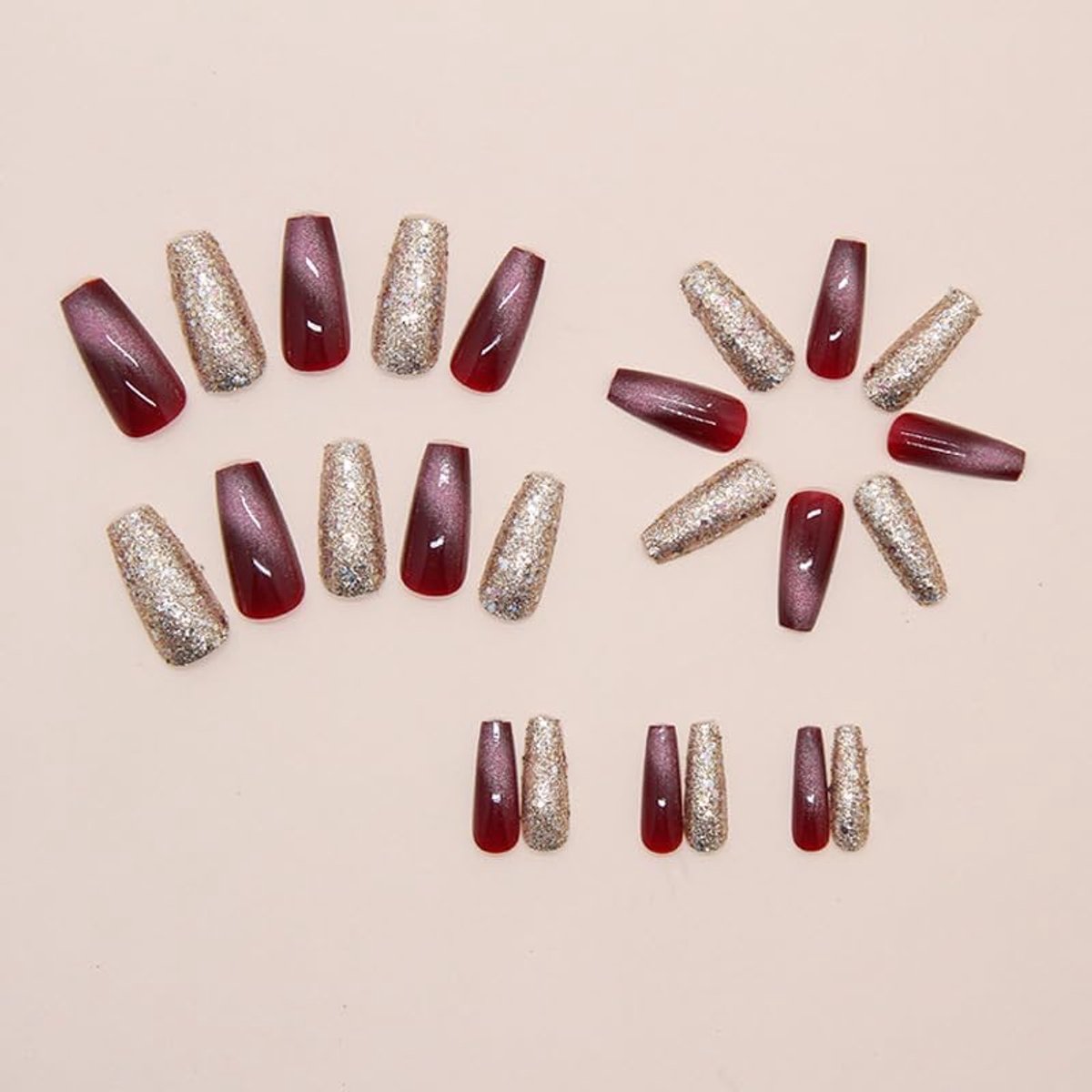 Faux Ongles Glam Up Bout Ballerine Œil De Chat Rouge - Kit Avec Adhésifs, Neuf