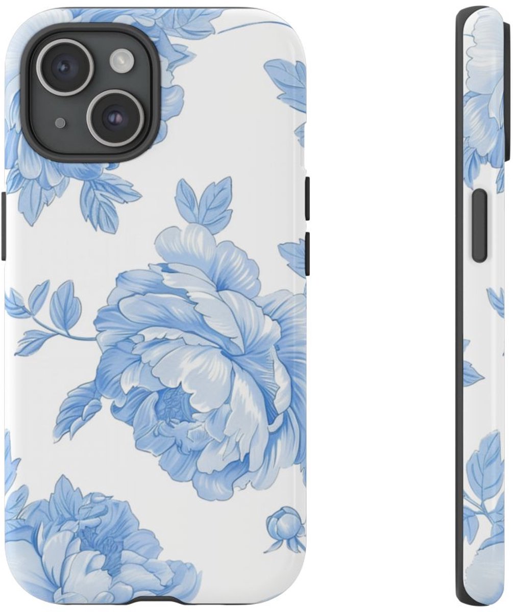Lichtblauw Pioenrozenmotief – Telefoonhoesje Geschikt voor iPhone 15