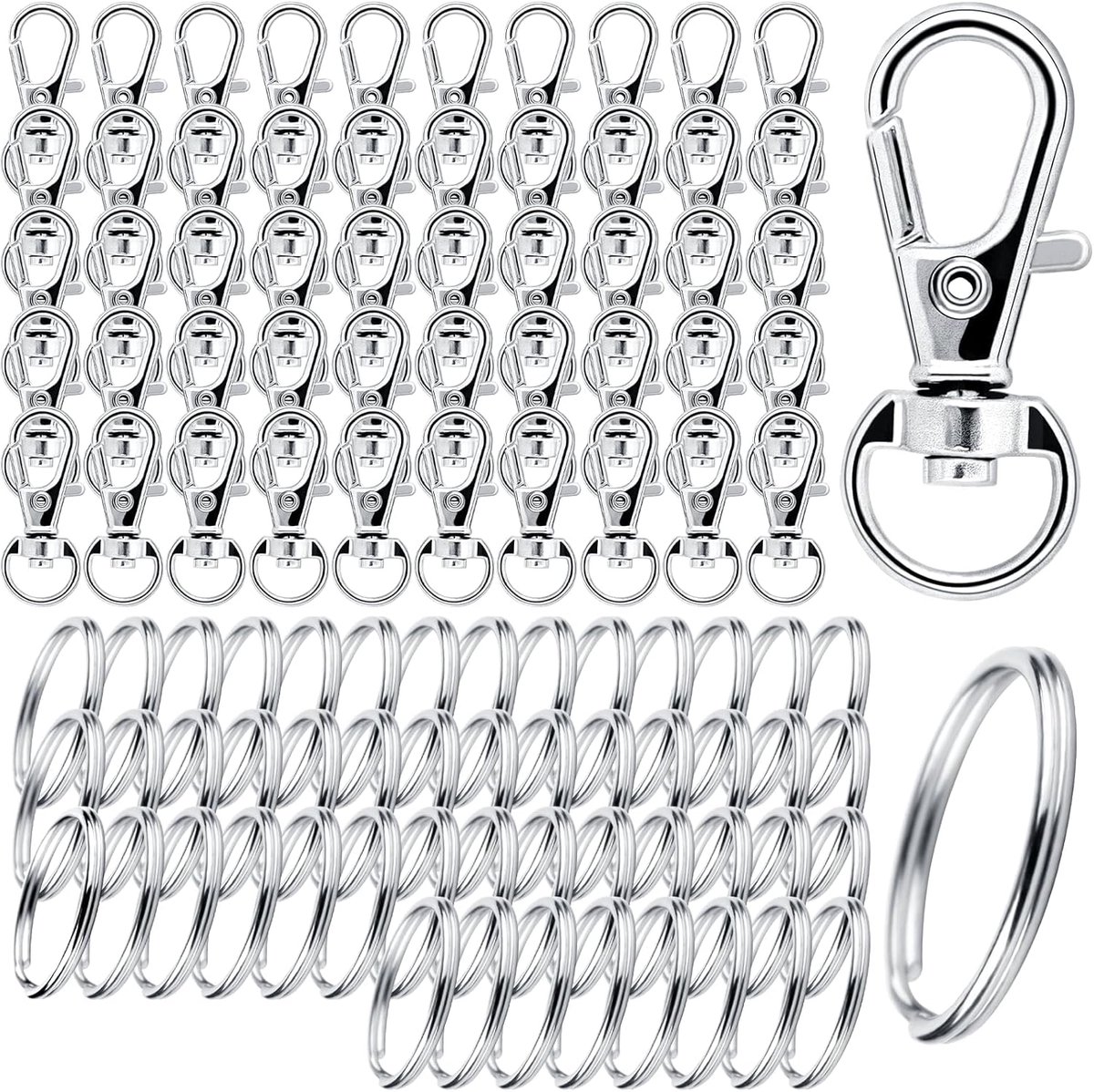 Pak van 100 sleutelhangers Karabijnhaak, Sleutelhanger, veelzijdige praktische sleutelhanger, Craft DIY Karabijnhaak, Klein met Draaibare Sleutel Karabijnhaak, Sleutelhanger Metaal voor DIY Sleutelhanger, Hanger Ambachten, Zilver - Cyslmuk®