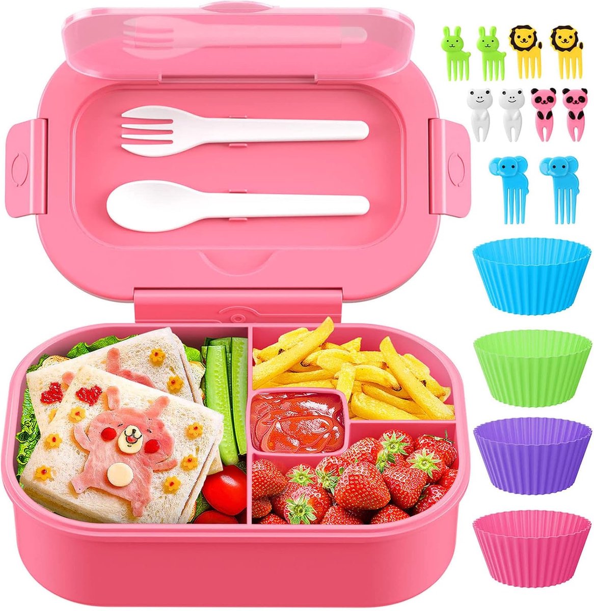 Bento Box, 44 oz lunchbox met 4 compartimenten en bestek, geschikt voor kinderen/volwassenen/peuters, lekvrij, magnetron-/vaatwasser-/vriezerbestendig, BPA-vrij (roze)