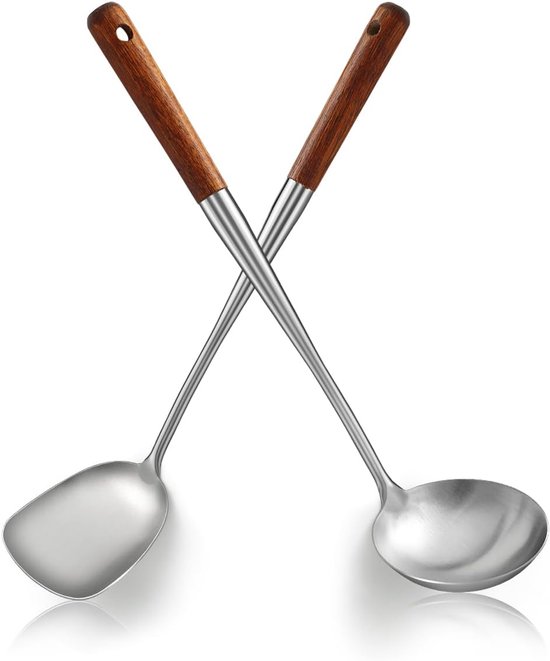 Set de spatules de 43 cm, Outils pour wok en acier inoxydable avec manche en bois résistant à la chaleur, spatule et louche en métal, ustensiles de Cuisine de haute qualité, Accessoires de vêtements pour bébé pour wok