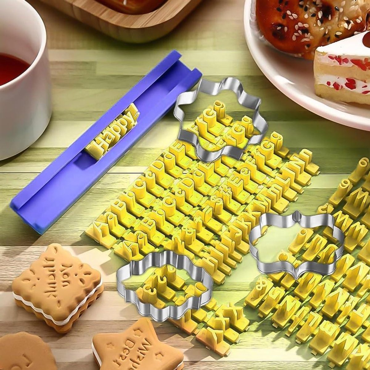 Koekjesvorm Alfabet met Bevestigingsgereedschap - Uitsteekvormen voor Koekjes - Fondant Letterstempel - Geel