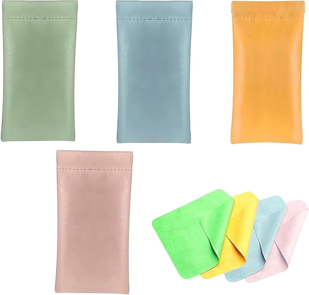 Image of 4 stuks PU-lederen brillenetui knijptop - Draagbare brillentas met reinigingsdoekje - Zonnebrillenetui voor dames en heren - Blauw, groen, roze, oranje - Eén maat
