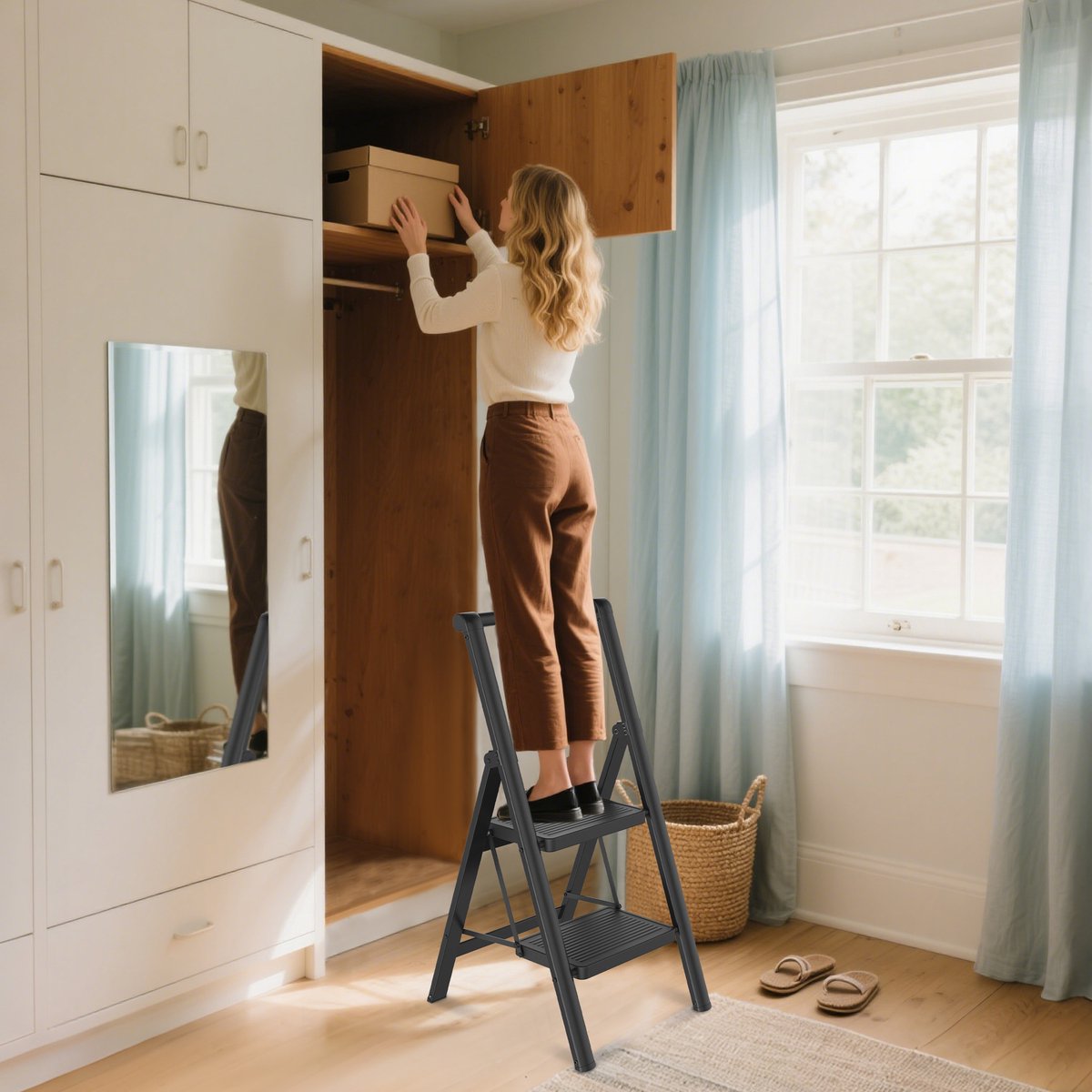 LZQ Opvouwbare trapladder, trapkruk, opvouwbare trap met breed antislip pedaal en leuning, multifunctionele huishoudtrap, trapladder tot 150 kg, zwart voor huishouden, keuken - 2 treden – foto 3