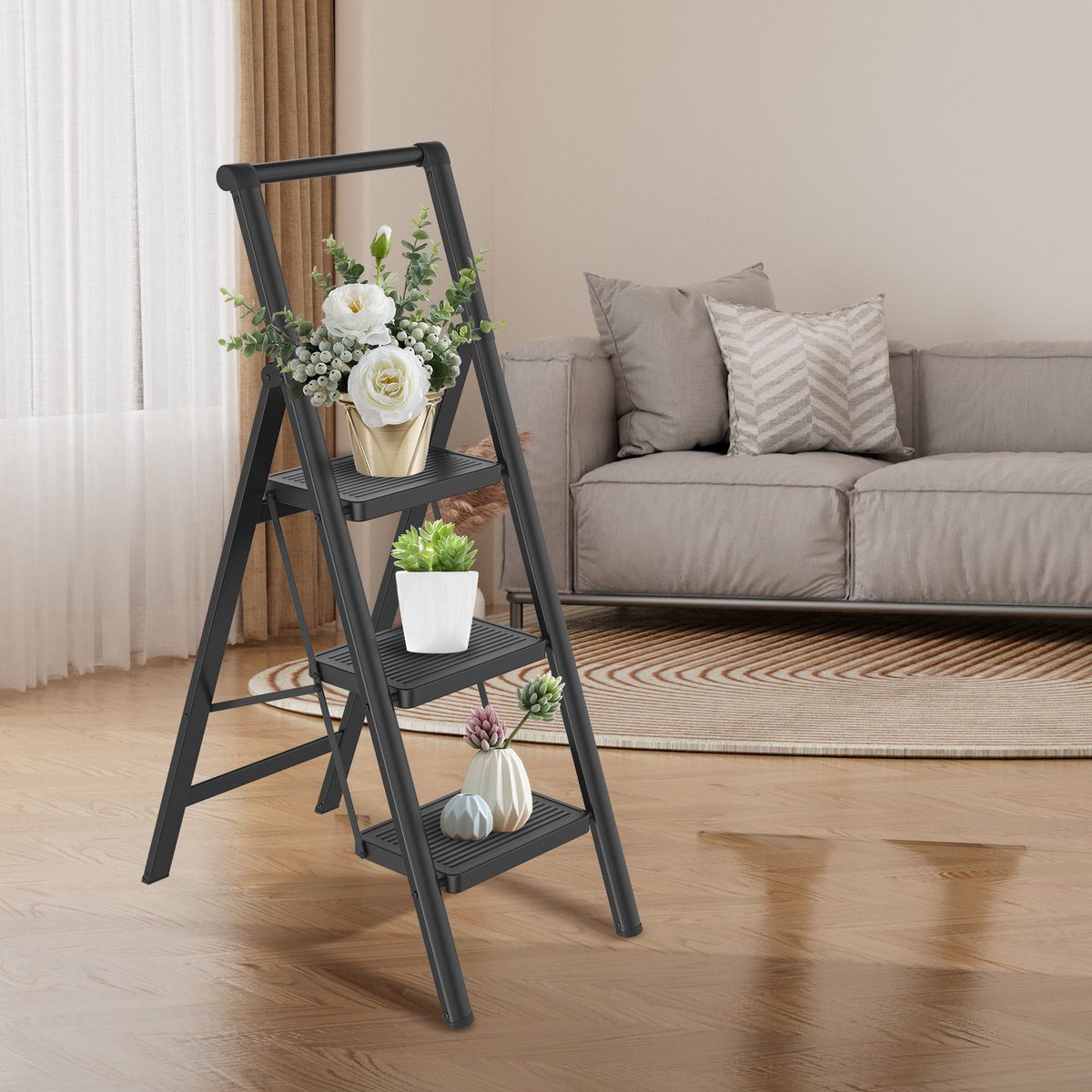 Opvouwbare trapladder, trapkruk, opvouwbare trap met breed antislip pedaal en leuning, multifunctionele huishoudtrap, trapladder tot 150 kg, zwart voor huishouden, keuken - 3 treden – foto 6