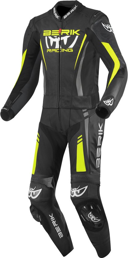 Combinaison moto Berik noire avec accents jaune fluo et gris. Logo Berik Racing sur la poitrine. Cuir perforé sur le ventre.