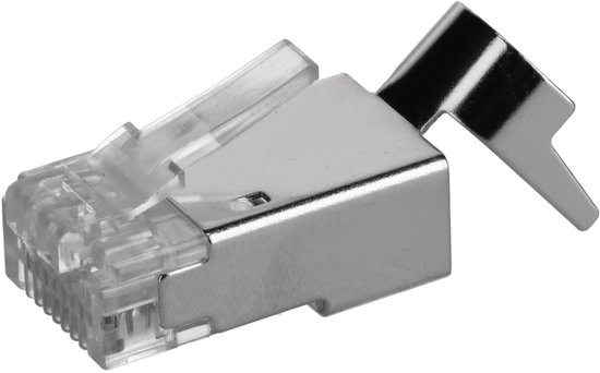 Connecteur RJ45 argenté avec boîtier métallique et clip en plastique transparent pointant vers l'arrière.