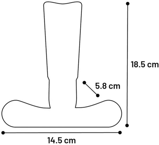 Schematische tekening van een T-vormig speeltje met afmetingen: 18,5 cm hoog en 14,5 cm breed.