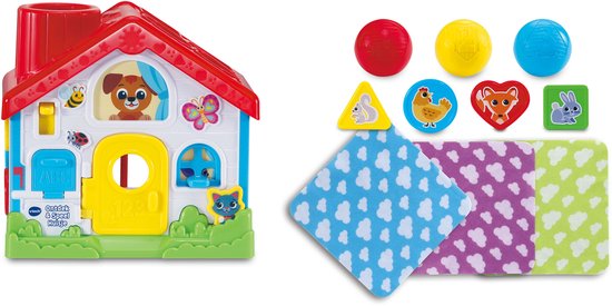 VTech Ontdek & Speel Huisje met 10 accessoires, waaronder vormen, dieren, ballen en matten.