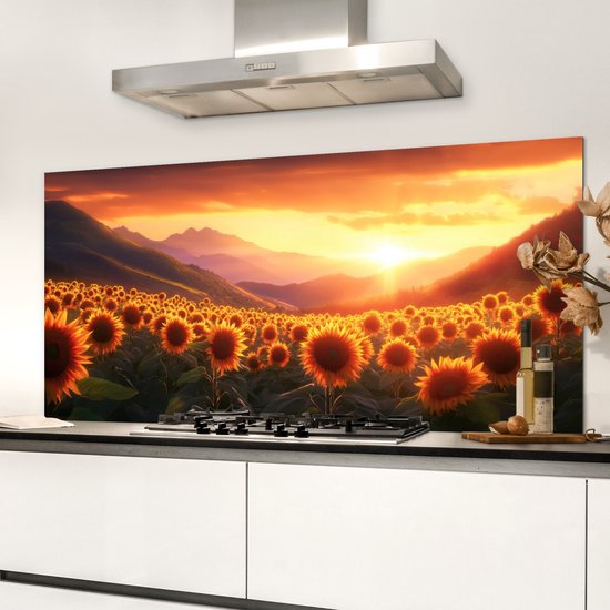 Crédence de Cuisinière en Aluminium 120x60 cm - Tournesols - Coucher de soleil - Paysage - Écran Pare-éclaboussures pour Plaque de Cuisson - Protection Murale
