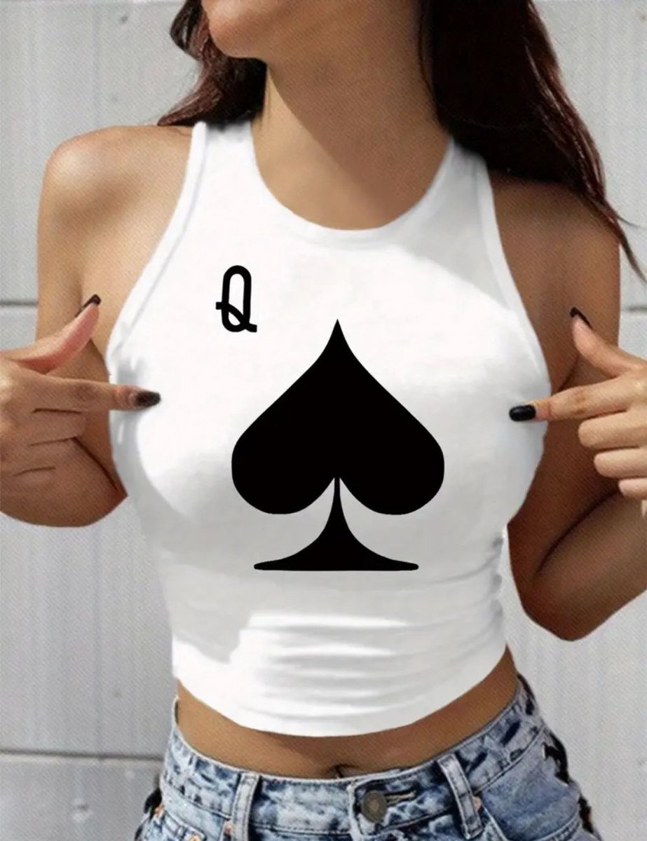 Queen of Spades Crop Top – Sexy Witte Haltertop voor Dames – Schoppenkoningin Shirt – Zomer Crop Festival Top- Maat L