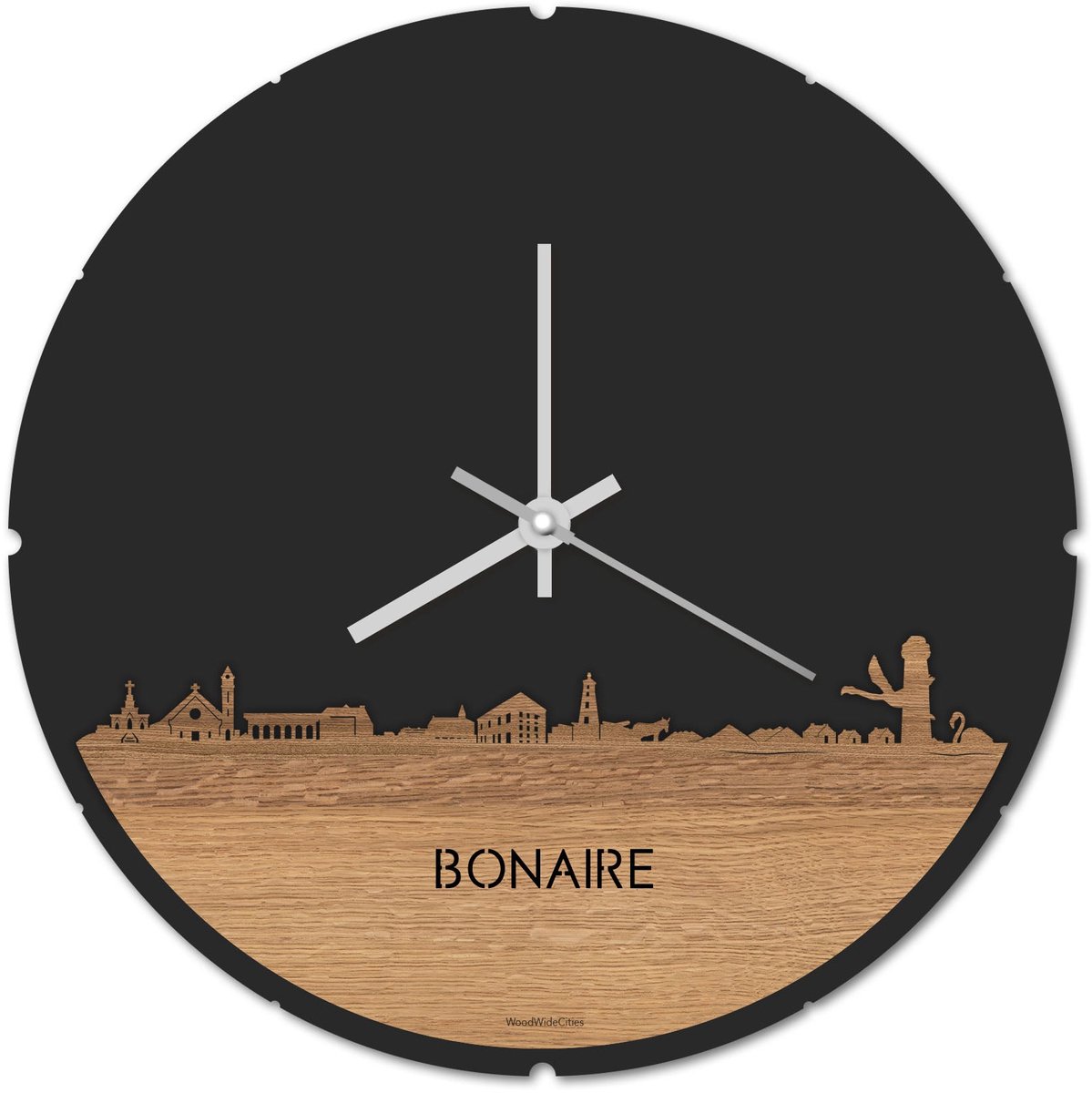 Skyline Klok Rond Bonaire Eikenhout - Ø 44 cm - Stil uurwerk - Wanddecoratie - Meer steden beschikbaar - Woonkamer idee - Woondecoratie - City Art - Steden kunst - Cadeau voor hem - Cadeau voor haar - Jubileum - Trouwerij - Housewarming -