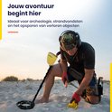 Man met camouflagepet en gele metaaldetector op een zanderig strand bij zonsondergang. Tekst: 'Jouw avontuur begint hier'.