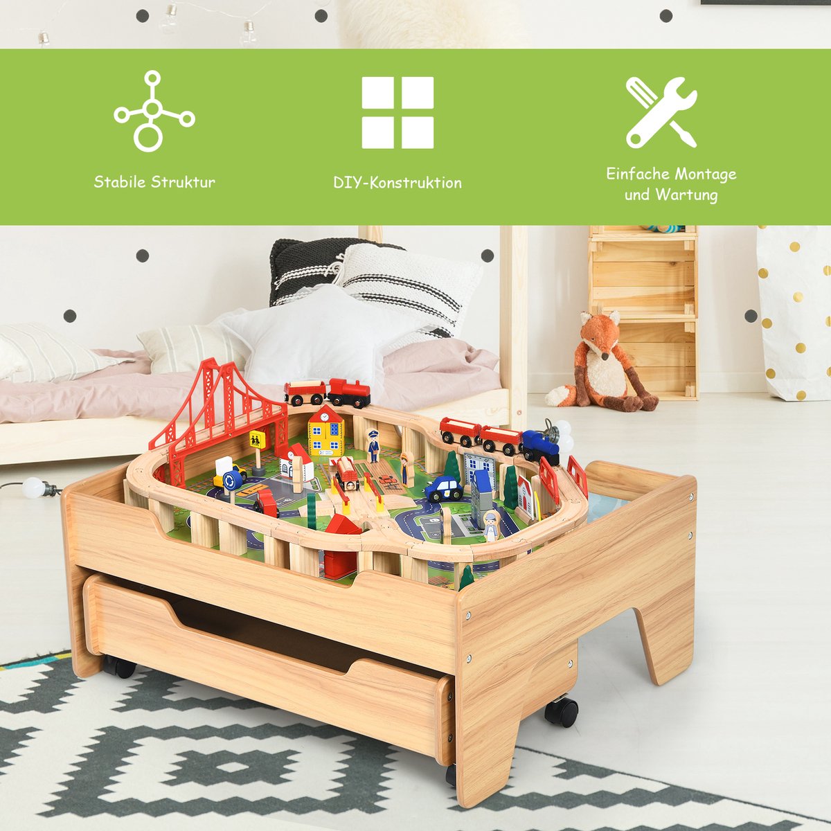 COSTWAY Spoorwegset voor kinderen, 80-delig, speeltafel van hout met omkeerbaar en afneembaar tafelblad en lade, houten spoorbaan, treinspeelgoed voor kinderen vanaf 3 jaar