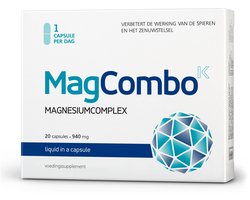 MagCombo - Geconcentreerd zuiver magnesium, (speciale) olieformule voor maximale opname, verrijkt met vitamines B2, B6, B12 en C, 1 capsule per dag, in laboratorium getest. - 20 Capsules